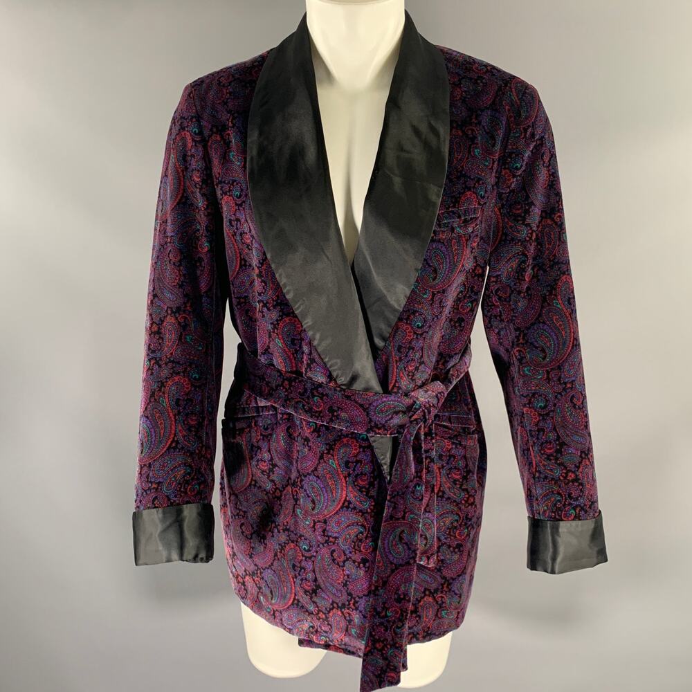 BULLOCK&JONES Size M Black Purple Paisley Cotton Velvet Shawl Collar Jacket